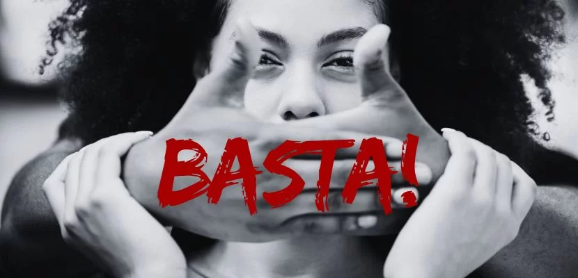 Imagem de uma mulher sendo calada por um homem e um texto descritivo "Basta!"