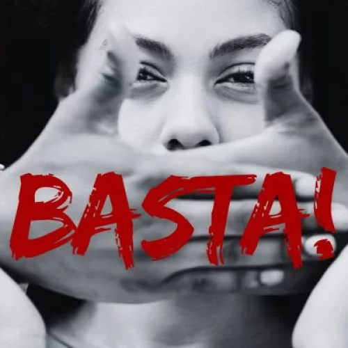Imagem de uma mulher sendo calada por um homem e um texto descritivo "Basta!"