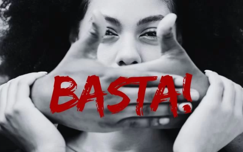 Imagem de uma mulher sendo calada por um homem e um texto descritivo "Basta!"